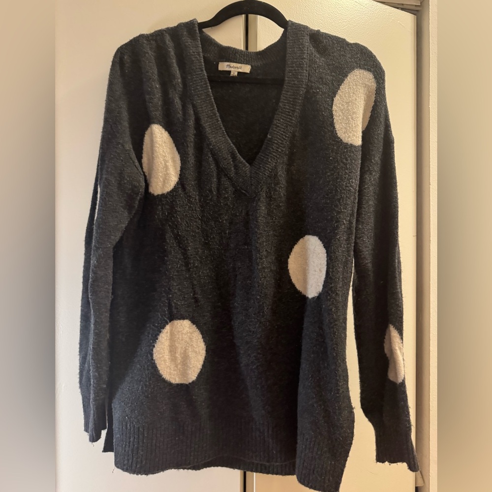 Madewell V-Neck Sweater with Cream Polka Dots